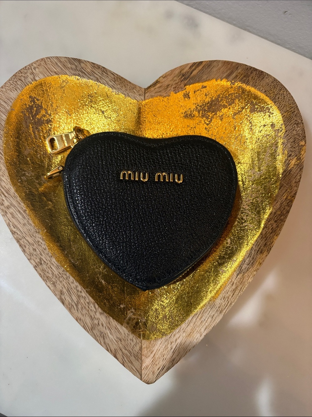 Miu Miu Black Leather Heart Key & Card Holder with Gold Logo